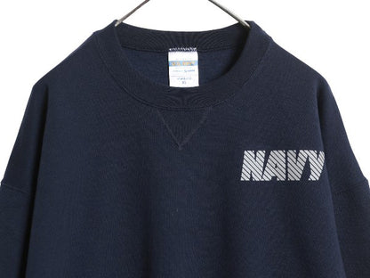 90s USA製 US NAVY 両面 プリント スウェット メンズ XL オールド ミリタリー トレーナー 裏起毛 前V 軍物 大きいサイズ USN クルーネック