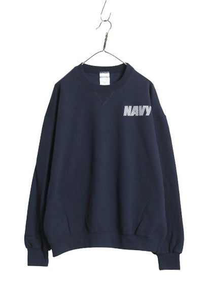 90s USA製 US NAVY 両面 プリント スウェット メンズ XL オールド ミリタリー トレーナー 裏起毛 前V 軍物 大きいサイズ USN クルーネック