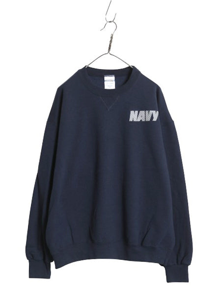 90s USA製 US NAVY 両面 プリント スウェット メンズ XL オールド ミリタリー トレーナー 裏起毛 前V 軍物 大きいサイズ USN クルーネック