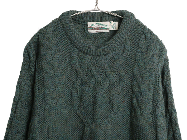 アイルランド製 aran crafts フィッシャーマン ウール ニット セーター メンズ M / 古着 アラン ケーブル ローゲージ 長袖ニット 無地 緑