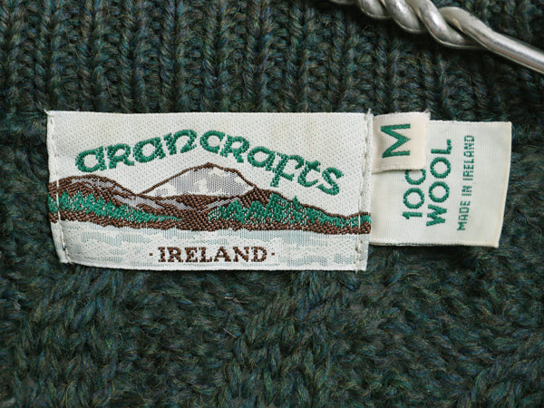 アイルランド製 aran crafts フィッシャーマン ウール ニット セーター メンズ M / 古着 アラン ケーブル ローゲージ 長袖ニット 無地 緑