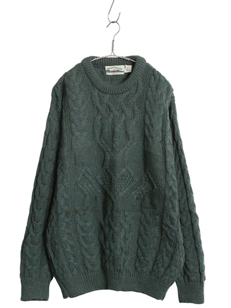 アイルランド製 aran crafts フィッシャーマン ウール ニット セーター メンズ M / 古着 アラン ケーブル ローゲージ 長袖ニット 無地 緑
