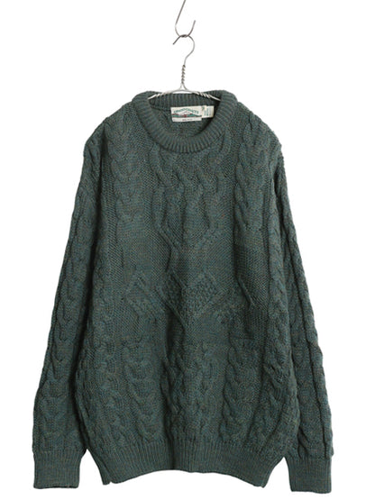 アイルランド製 aran crafts フィッシャーマン ウール ニット セーター メンズ M / 古着 アラン ケーブル ローゲージ 長袖ニット 無地 緑