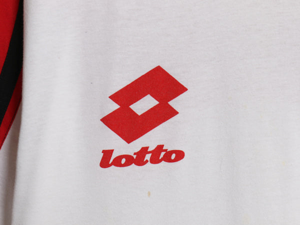 90s ☆ Lotto ACミラン プリント Tシャツ メンズ M / 古着 オールド オフィシャル 当時物 サッカー イタリア セリエA フットボール OPEL 白