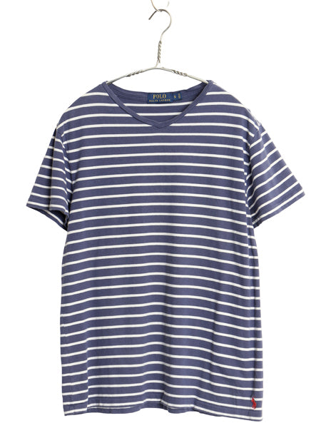 ポロ ラルフローレン Vネック ボーダー 半袖 Tシャツ メンズ S / 古着 コットン カットソー シングルステッチ ツートン ネイビー ホワイト