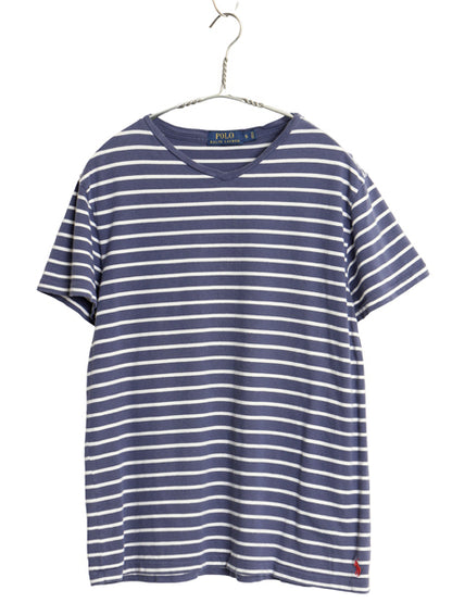 ポロ ラルフローレン Vネック ボーダー 半袖 Tシャツ メンズ S / 古着 コットン カットソー シングルステッチ ツートン ネイビー ホワイト