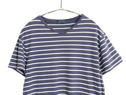 ポロ ラルフローレン Vネック ボーダー 半袖 Tシャツ メンズ S / 古着 コットン カットソー シングルステッチ ツートン ネイビー ホワイト