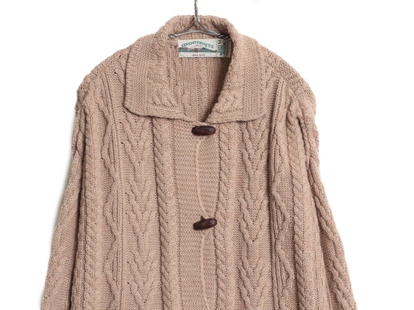 アイルランド製 aran crafts フィッシャーマン ロング ニット カーディガン レディース M  アラン ケーブル メリノ ウール セーター 前開き