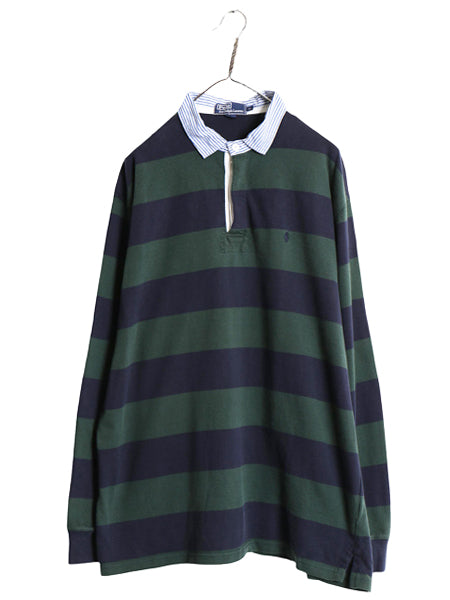 90s ポロ ラルフローレン ボーダー 長袖 ラガーシャツ メンズ XL / 古着 オールド ラグビー ポロシャツ ワンポイント ポニー  大きいサイズ