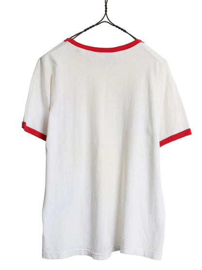 70s USA製 ★ チャンピオン 染込み カレッジ プリント リンガー Tシャツ メンズ L 小さめ M 程/ ヴィンテージ バータグ 100% コットン 白