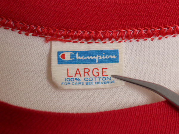 70s USA製 ★ チャンピオン 染込み カレッジ プリント リンガー Tシャツ メンズ L 小さめ M 程/ ヴィンテージ バータグ 100% コットン 白
