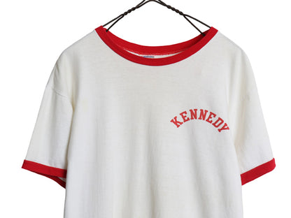 70s USA製 ★ チャンピオン 染込み カレッジ プリント リンガー Tシャツ メンズ L 小さめ M 程/ ヴィンテージ バータグ 100% コットン 白