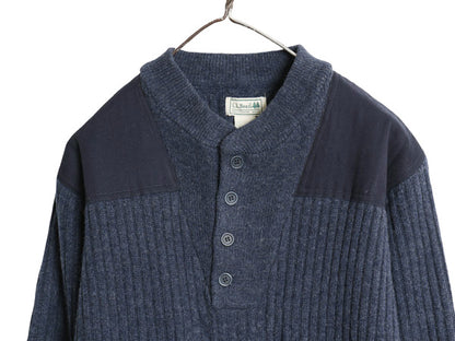 00s エルエルビーン コマンド ニット セーター メンズ M / オールド リブ編み メリノ ラム ウール エルボーパッチ ヘンリーネック ネイビー