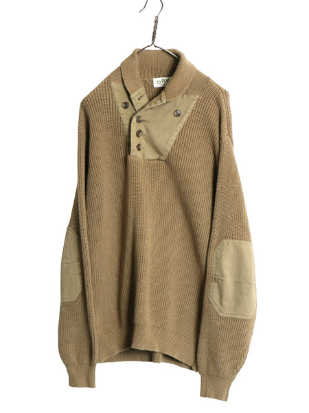 00s オービス ショールカラー コットン ニット セーター メンズ L オールド リブ編み ハンティング エルボーパッチ アウトドア 無地 カーキ