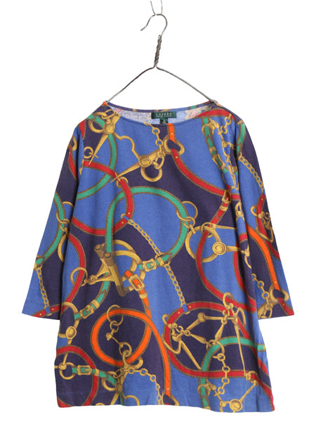 00s ローレン ラルフローレン 総柄 カットソー レディース XL / オールド ポロ 7分袖 コットン Tシャツ 馬具 チェーン ビット 大きいサイズ