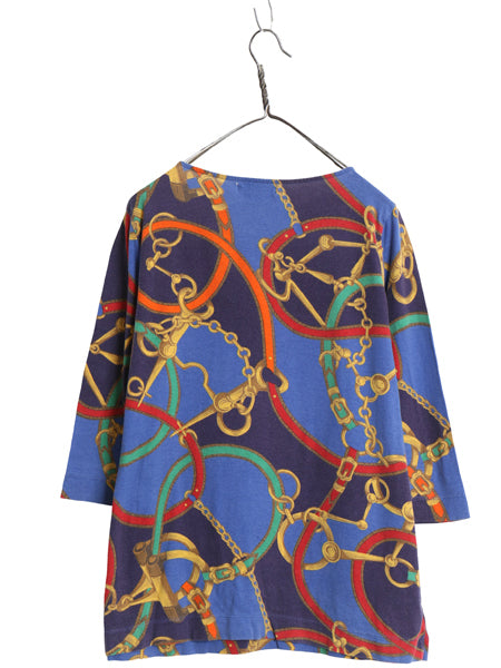 00s ローレン ラルフローレン 総柄 カットソー レディース XL / オールド ポロ 7分袖 コットン Tシャツ 馬具 チェーン ビット 大きいサイズ