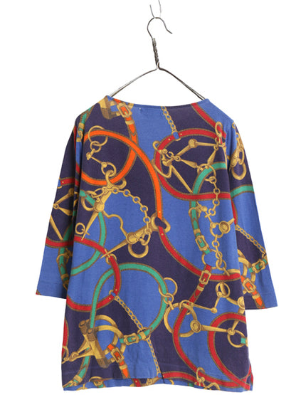 00s ローレン ラルフローレン 総柄 カットソー レディース XL / オールド ポロ 7分袖 コットン Tシャツ 馬具 チェーン ビット 大きいサイズ