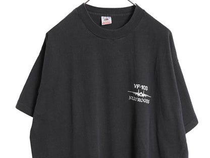 90s USA製 スカル イラスト 両面 プリント Tシャツ メンズ XL / オールド ミリタリー 海軍 戦闘機 シングルステッチ 大きいサイズ ブラック