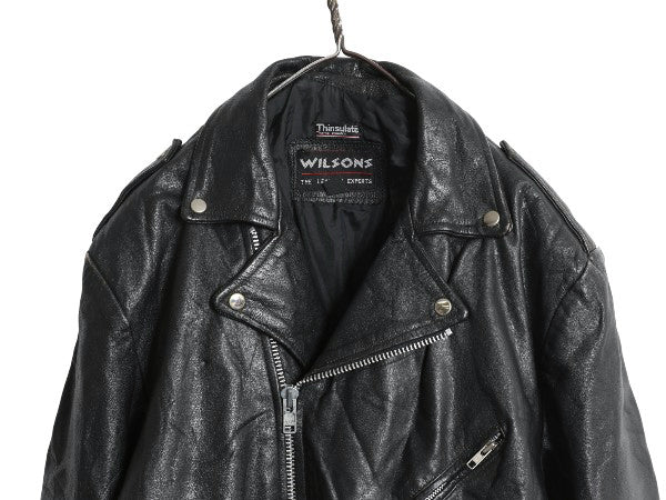 80s 90s パキスタン製 ウィルソンズ 本革 レザー ダブル ライダース ジャケット メンズ L オールド ブルゾン 革ジャン パキジャン 黒 中綿