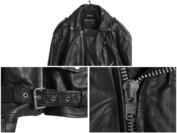 80s 90s パキスタン製 ウィルソンズ 本革 レザー ダブル ライダース ジャケット メンズ L オールド ブルゾン 革ジャン パキジャン 黒 中綿