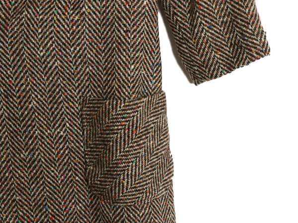 70s ハンドメイド ツイード チェスター コート レディース M 程 ヴィンテージ ウール ロングコート フィールド ベルト付き マルチカラー