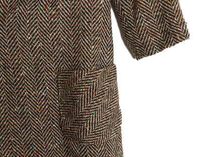 70s ハンドメイド ツイード チェスター コート レディース M 程 ヴィンテージ ウール ロングコート フィールド ベルト付き マルチカラー