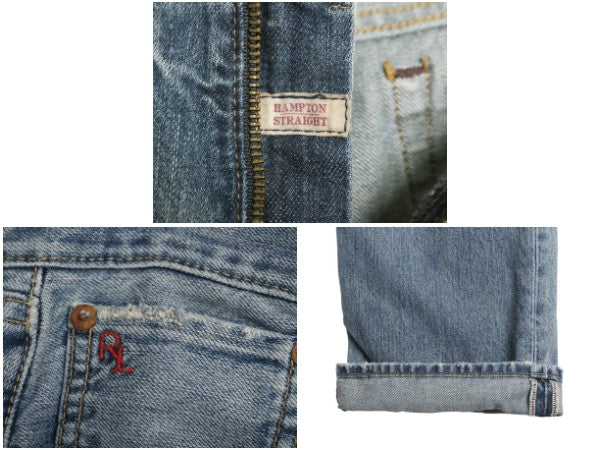 ポロ ラルフローレン デニム パンツ メンズ 実寸 36 32 古着 ヴィンテージ 加工 ジーンズ ジーパン ストレート 赤耳 ヒゲ アタリ 革パッチ