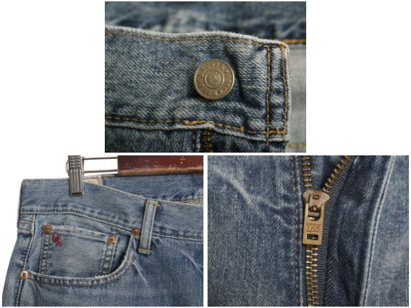 ポロ ラルフローレン デニム パンツ メンズ 実寸 36 32 古着 ヴィンテージ 加工 ジーンズ ジーパン ストレート 赤耳 ヒゲ アタリ 革パッチ