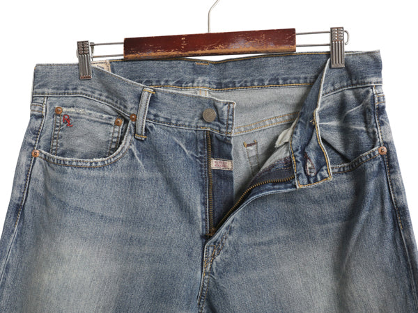 ポロ ラルフローレン デニム パンツ メンズ 実寸 36 32 古着 ヴィンテージ 加工 ジーンズ ジーパン ストレート 赤耳 ヒゲ アタリ 革パッチ