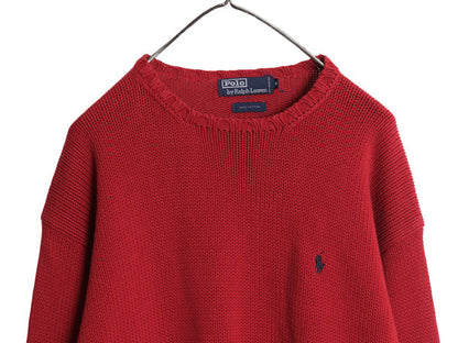 90s ポロ ラルフローレン コットン ニット セーター メンズ XL オールド リブ編み ワンポイント ポニー 刺繍 クルーネック 大きいサイズ 赤