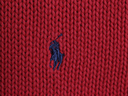 90s ポロ ラルフローレン コットン ニット セーター メンズ XL オールド リブ編み ワンポイント ポニー 刺繍 クルーネック 大きいサイズ 赤
