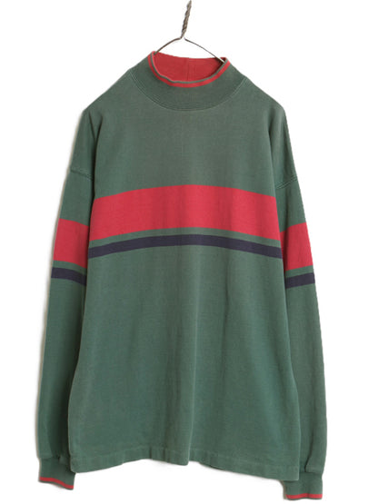 80s USA製 エルエルビーン モックネック ボーダー 長袖 Tシャツ メンズ L ヴィンテージ ロンT ラガーシャツ 素材 ヘビーウェイト コットン