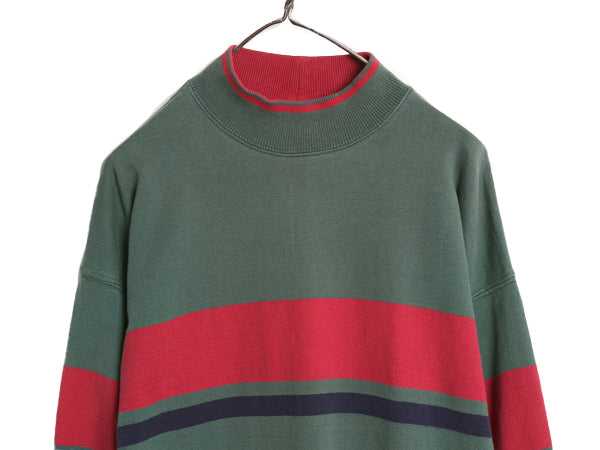 80s USA製 エルエルビーン モックネック ボーダー 長袖 Tシャツ メンズ L ヴィンテージ ロンT ラガーシャツ 素材 ヘビーウェイト コットン