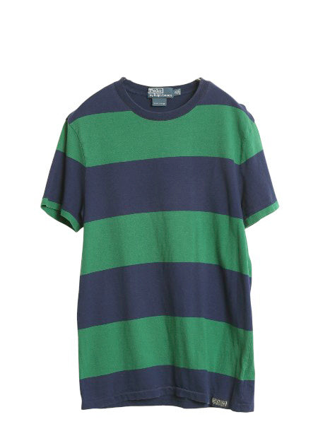 00s ポロ ラルフローレン ワイド ボーダー 半袖 Tシャツ メンズ M オールド コットン シングルステッチ カットソー ワンポイント ツートン