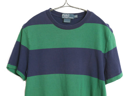 00s ポロ ラルフローレン ワイド ボーダー 半袖 Tシャツ メンズ M オールド コットン シングルステッチ カットソー ワンポイント ツートン