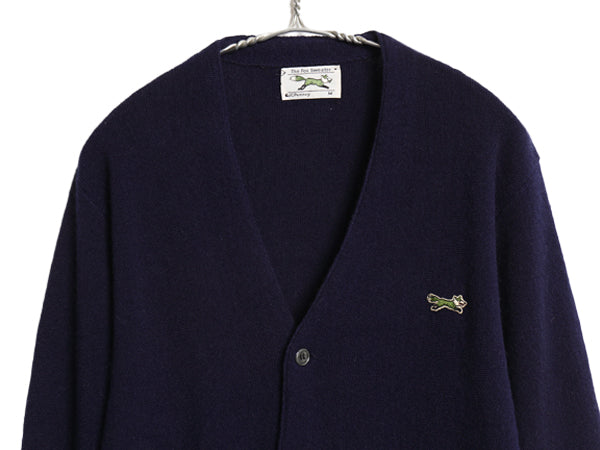 80s JCペニー フォックス アクリル ニット カーディガン メンズ レディース M 古着 ヴィンテージ 羽織り 前開き セーター ワンポイント 紺