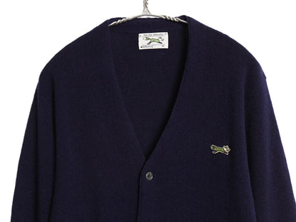 80s JCペニー フォックス アクリル ニット カーディガン メンズ レディース M 古着 ヴィンテージ 羽織り 前開き セーター ワンポイント 紺