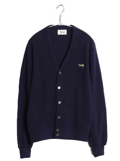 80s JCペニー フォックス アクリル ニット カーディガン メンズ レディース M 古着 ヴィンテージ 羽織り 前開き セーター ワンポイント 紺