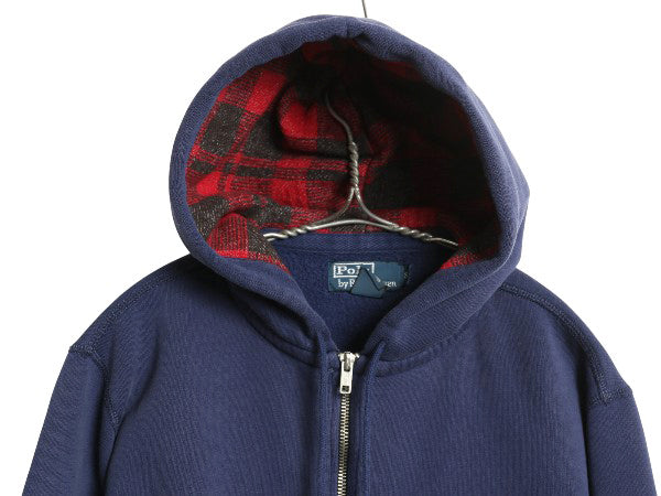 00s ポロ ラルフローレン フルジップ スウェット フード パーカー メンズ S オールド 裏起毛 トレーナー チェック フランネル ライナー付き