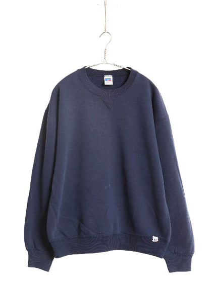 90s USA製 ラッセル 無地 スウェット メンズ レディース L 古着 オールド トレーナー 前V 裏起毛 ワンポイント ブランク シンプル ネイビー
