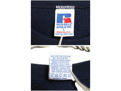 90s USA製 ラッセル 無地 スウェット メンズ レディース L 古着 オールド トレーナー 前V 裏起毛 ワンポイント ブランク シンプル ネイビー