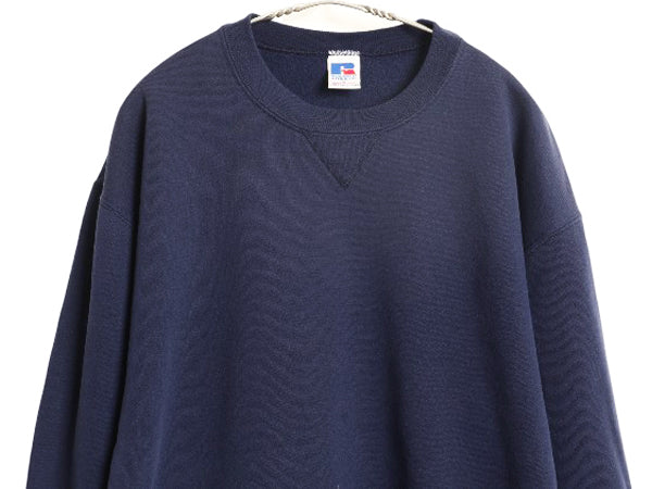 90s USA製 ラッセル 無地 スウェット メンズ レディース L 古着 オールド トレーナー 前V 裏起毛 ワンポイント ブランク シンプル ネイビー