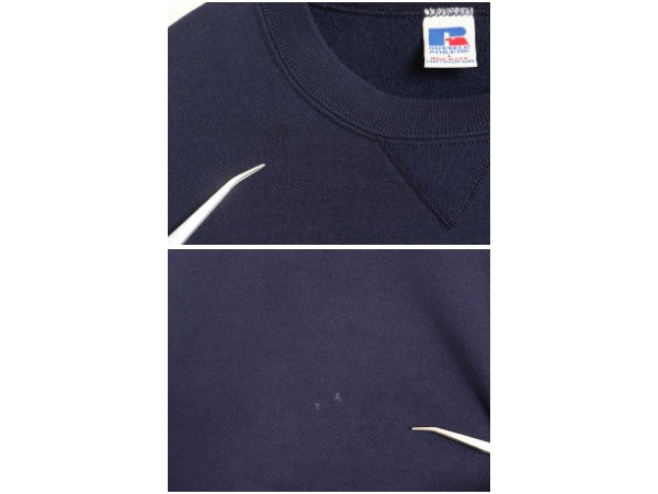 90s USA製 ラッセル 無地 スウェット メンズ レディース L 古着 オールド トレーナー 前V 裏起毛 ワンポイント ブランク シンプル ネイビー