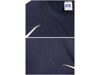 90s USA製 ラッセル 無地 スウェット メンズ レディース L 古着 オールド トレーナー 前V 裏起毛 ワンポイント ブランク シンプル ネイビー