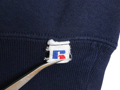 90s USA製 ラッセル 無地 スウェット メンズ レディース L 古着 オールド トレーナー 前V 裏起毛 ワンポイント ブランク シンプル ネイビー