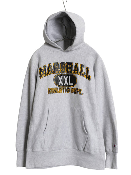 90s ★ チャンピオン リバースウィーブ 3段 プリント スウェット パーカー メンズ M 古着 オールド トレーナー 裏起毛 カレッジ 霜降り 灰