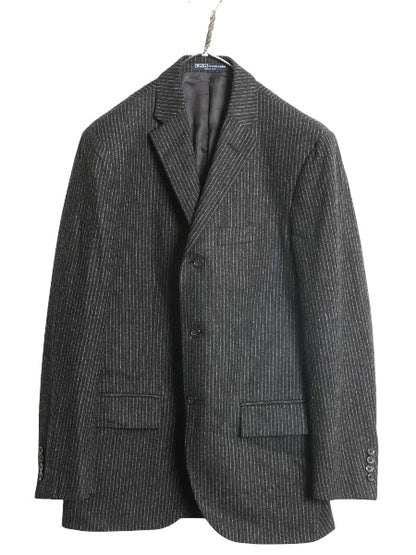 デッドストック 90s イタリア製 ポロ ラルフローレン テーラード ジャケット メンズ M 程 ブレザー フラノ ウール カシミヤ ストライプ 灰