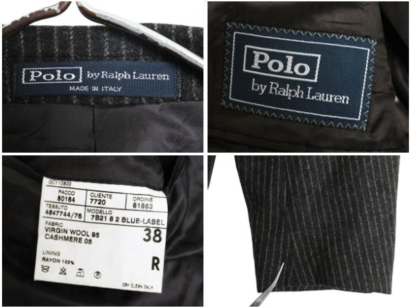 デッドストック 90s イタリア製 ポロ ラルフローレン テーラード ジャケット メンズ M 程 ブレザー フラノ ウール カシミヤ ストライプ 灰