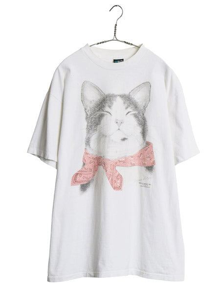 90s ネコ アート イラスト プリント Tシャツ メンズ レディース XL / オールド アニマル キャラクター シングルステッチ 大きいサイズ 白