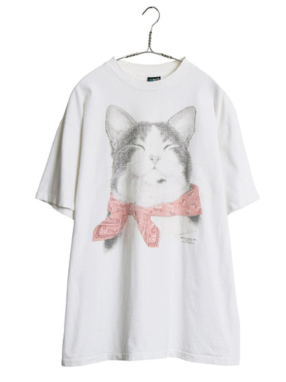 90s ネコ アート イラスト プリント Tシャツ メンズ レディース XL / オールド アニマル キャラクター シングルステッチ 大きいサイズ 白